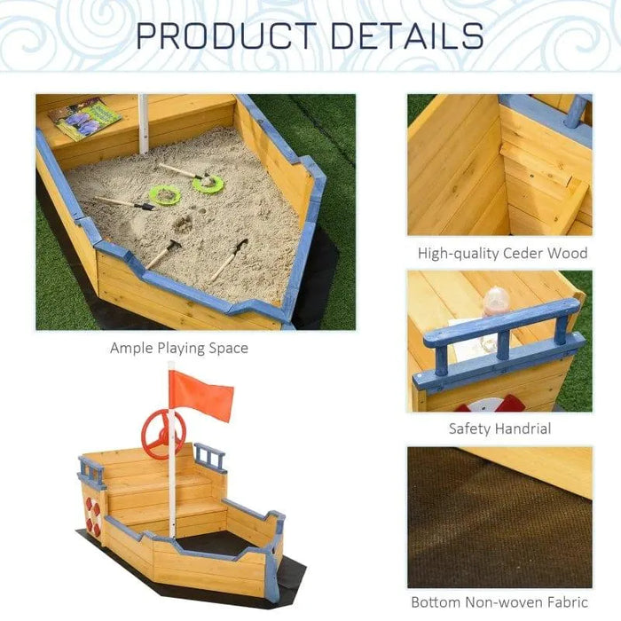 Wooden boat-shaped sandbox with blue trim, storage bench, flag, and nautical features