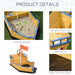 Wooden boat-shaped sandbox with blue trim, storage bench, flag, and nautical features