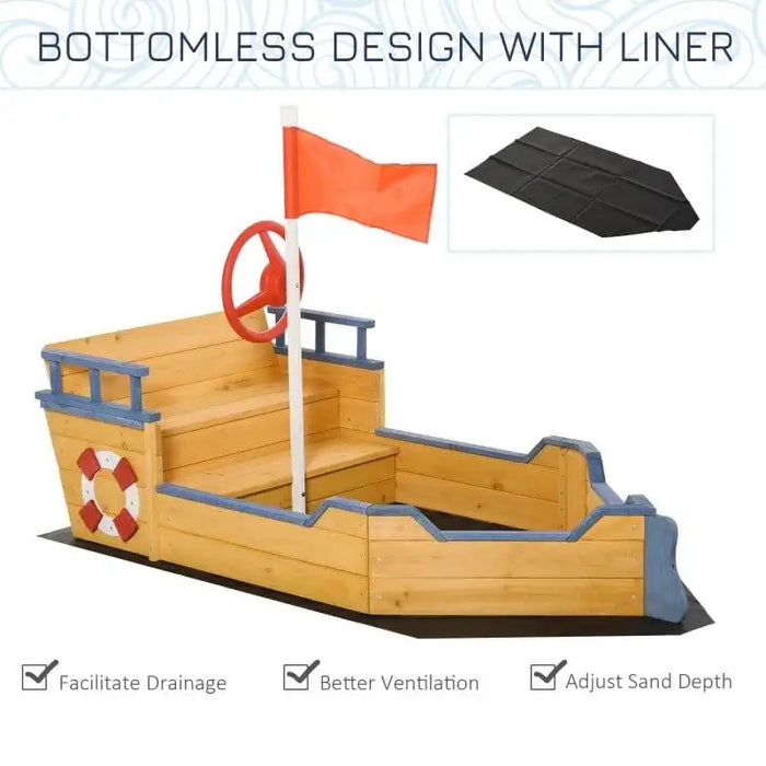Wooden boat sandbox with red flag, bench seat, life ring decor, and bottomless liner design
