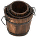 Set of three nested wooden bucket planters with metal handles and a burned wood finish
