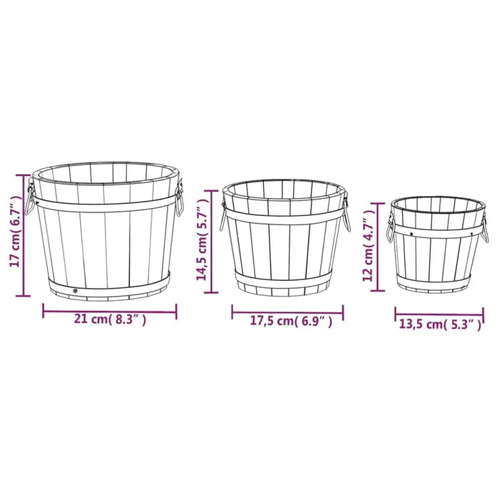 Line drawing of three wooden bucket planters with metal handles, labeled sizes and dimensions.