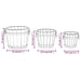 Line drawing of three wooden bucket planters with metal handles, labeled sizes and dimensions.