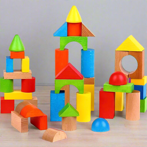Colorful wooden building blocks in various shapes stacked on a light tabletop