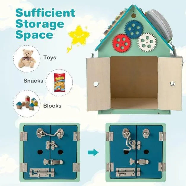 Wooden busy house early learning toy with gears, lock doors, and storage for toys, snacks, and blocks.
