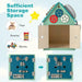 Wooden busy house early learning toy with gears, lock doors, and storage for toys, snacks, and blocks.