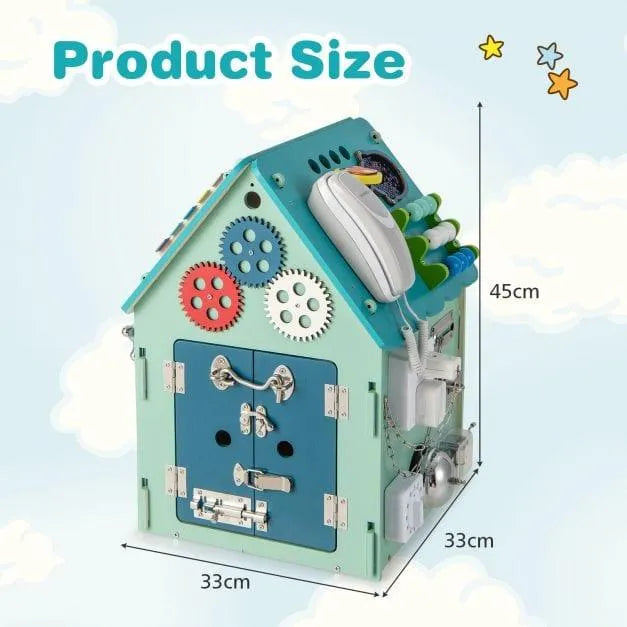 Blue wooden busy house early learning activity center with gears, locks, and toy phone, 45x33x33cm