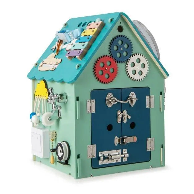 Wooden busy house blue multi-activity learning toy with gears, locks, and xylophone
