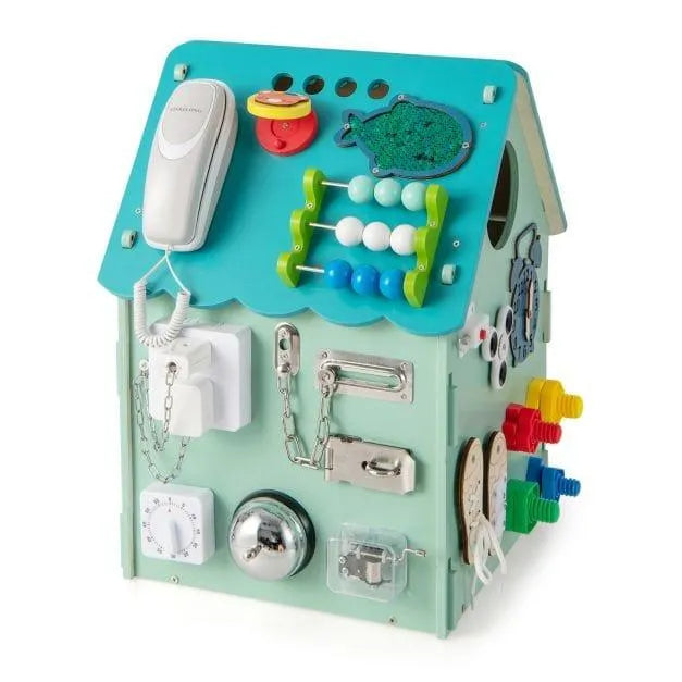 Blue wooden busy house activity centre toy with locks, abacus, and sensory elements