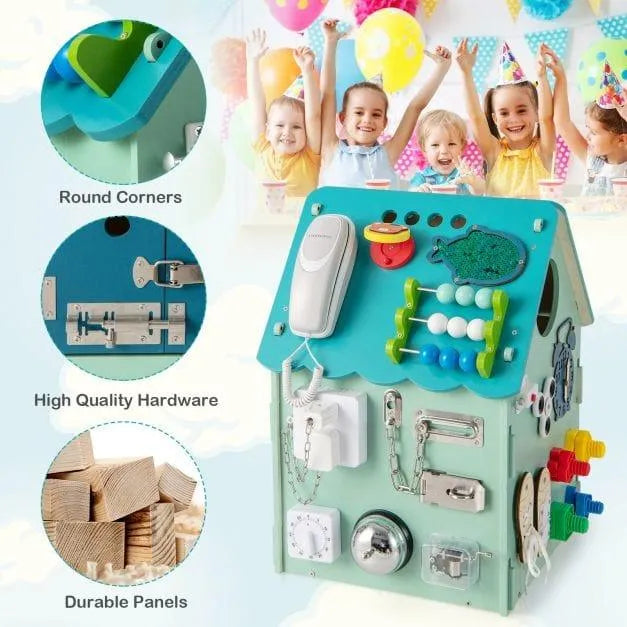 Wooden busy house blue activity center for toddlers with music box and sensory play features