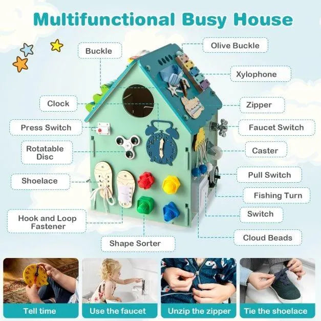 Wooden multifunctional busy house early learning toy in blue with activity centre and music box