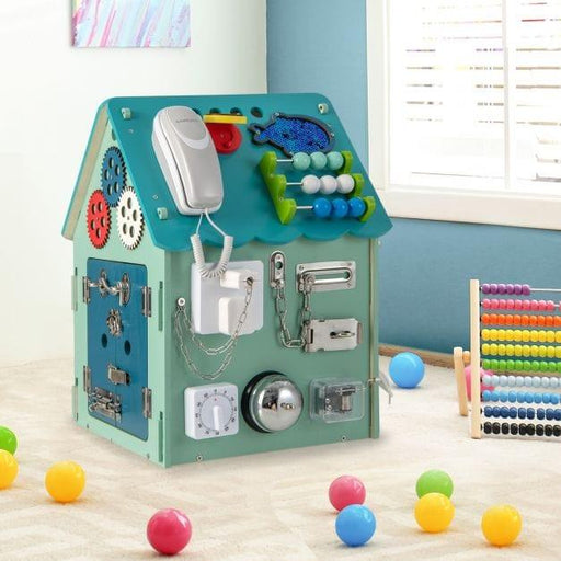 Wooden - Busy House - Early Learning Toy with Music Box in Blue - Little and Giant Explorers Costway