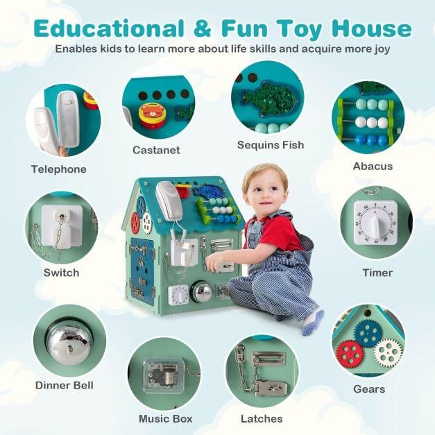 Wooden - Busy House - Early Learning Toy with Music Box in Blue - Little and Giant Explorers Costway