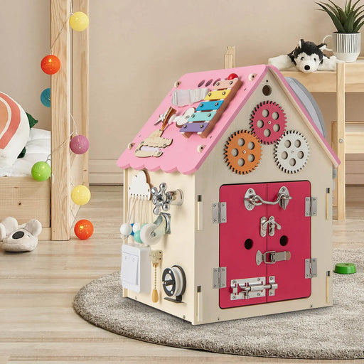 Wooden Busy House - Early Learning Toy with Music Box in Pink - Little and Giant Explorers Costway