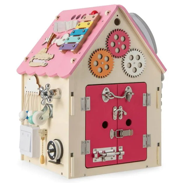 Wooden Busy House - Early Learning Toy with Music Box in Pink - Little and Giant Explorers Costway