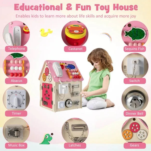 Wooden Busy House - Early Learning Toy with Music Box in Pink - Little and Giant Explorers Costway