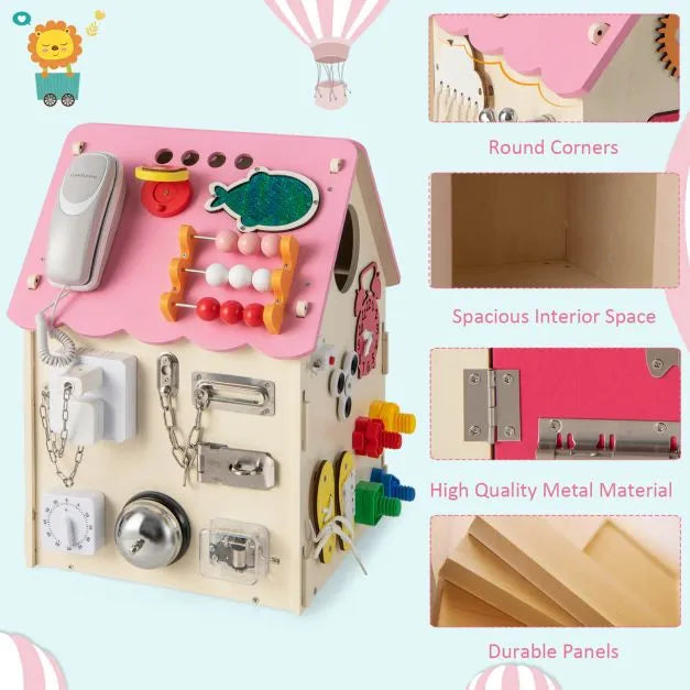 Wooden Busy House - Early Learning Toy with Music Box in Pink - Little and Giant Explorers Costway