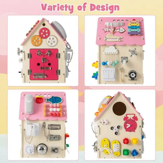 Wooden Busy House - Early Learning Toy with Music Box in Pink - Little and Giant Explorers Costway