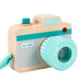 Wooden toy camera with blue accents and kaleidoscope lens, kids pretend play accessory