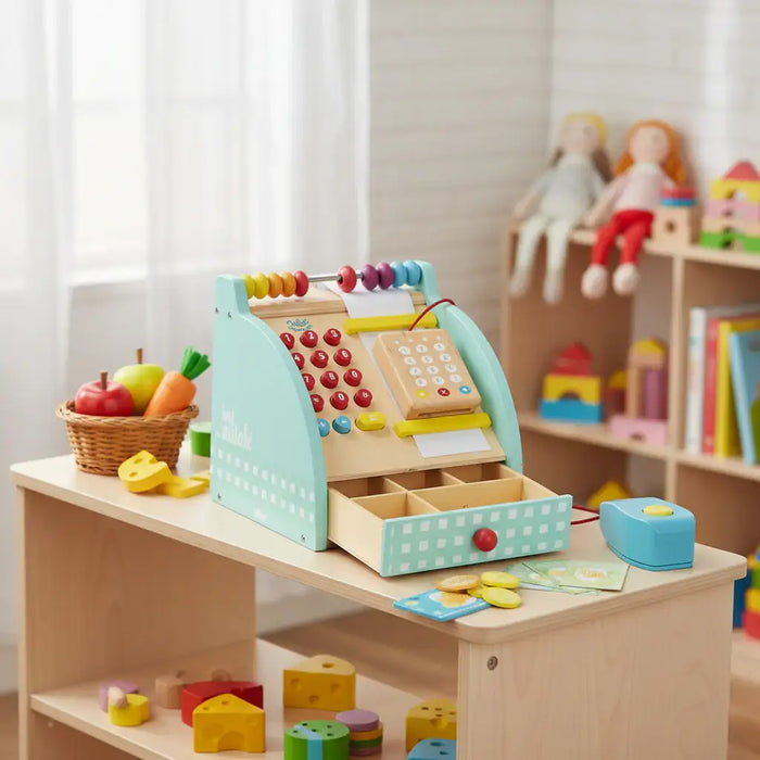 Children's toy cash register on a wooden table with educational toys in the background