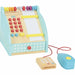 Wooden toy cash register with abacus and accessories on a white background