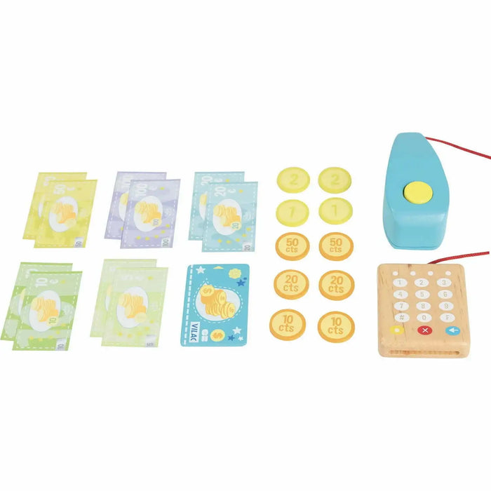 Set of educational toys including a toy phone, number cards, and card decks on a white background