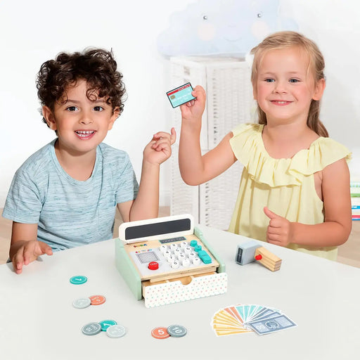 Wooden Cash Register Playset | Pretend Play Toy with Notes Coins Scanner and Credit Card SOKA® - Little and Giant Explorers SOKA Play Imagine Learn