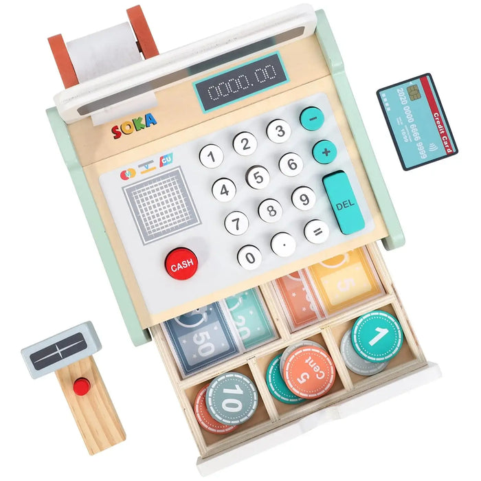 Wooden Cash Register Playset | Pretend Play Toy with Notes Coins Scanner and Credit Card SOKA® - Little and Giant Explorers SOKA Play Imagine Learn