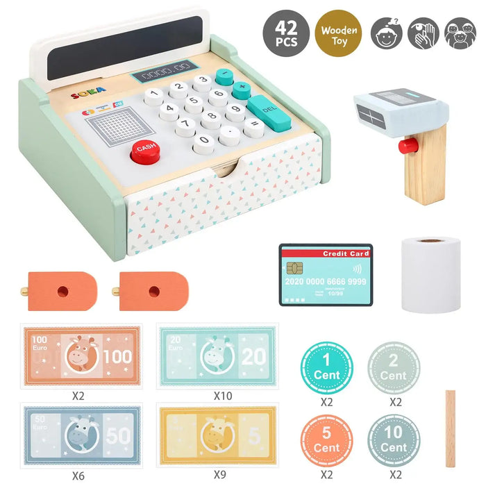 Wooden Cash Register Playset | Pretend Play Toy with Notes Coins Scanner and Credit Card SOKA® - Little and Giant Explorers SOKA Play Imagine Learn