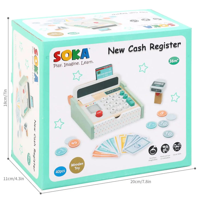 Wooden Cash Register Playset | Pretend Play Toy with Notes Coins Scanner and Credit Card SOKA® - Little and Giant Explorers SOKA Play Imagine Learn