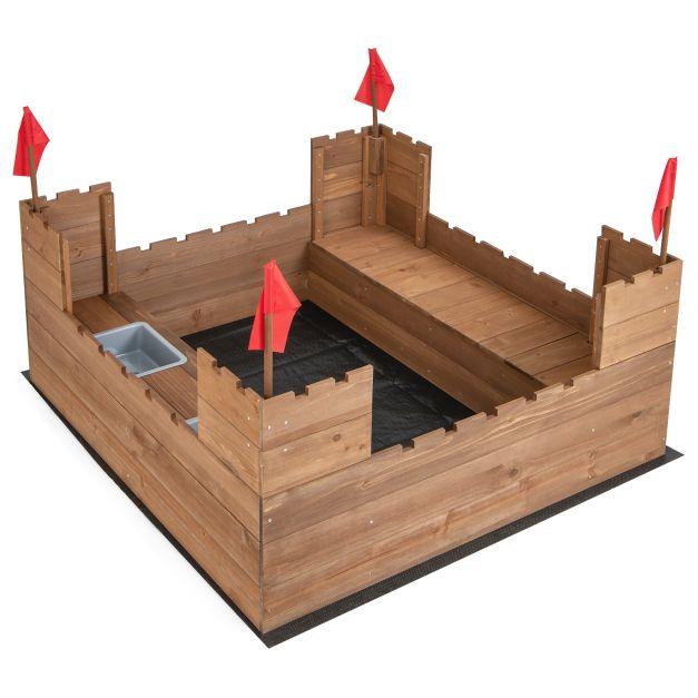 Wooden Castle Sandbox with 2 Bench Seats in Cedar Wood - Little and Giant Explorers Costway