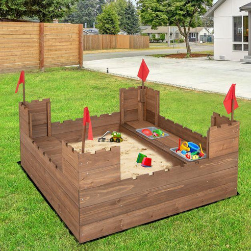 Wooden Castle Sandbox with 2 Bench Seats in Cedar Wood - Little and Giant Explorers Costway