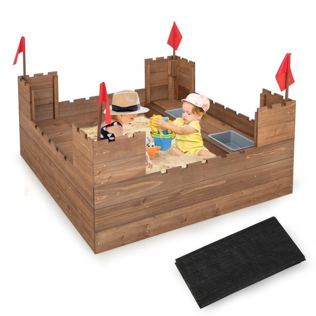 Wooden Castle Sandbox with 2 Bench Seats in Cedar Wood - Little and Giant Explorers Costway