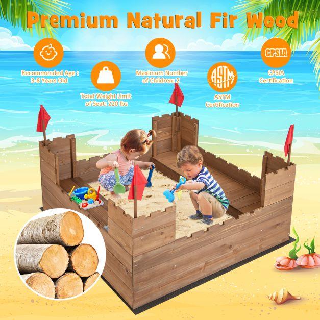 Wooden Castle Sandbox with 2 Bench Seats in Cedar Wood - Little and Giant Explorers Costway