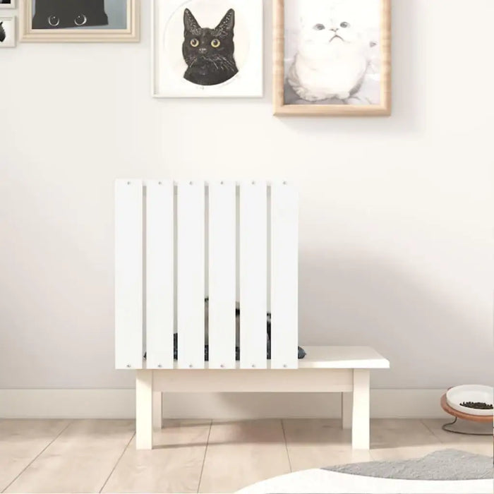 White wooden cat house in modern room with cat portraits, food bowl, light wood flooring