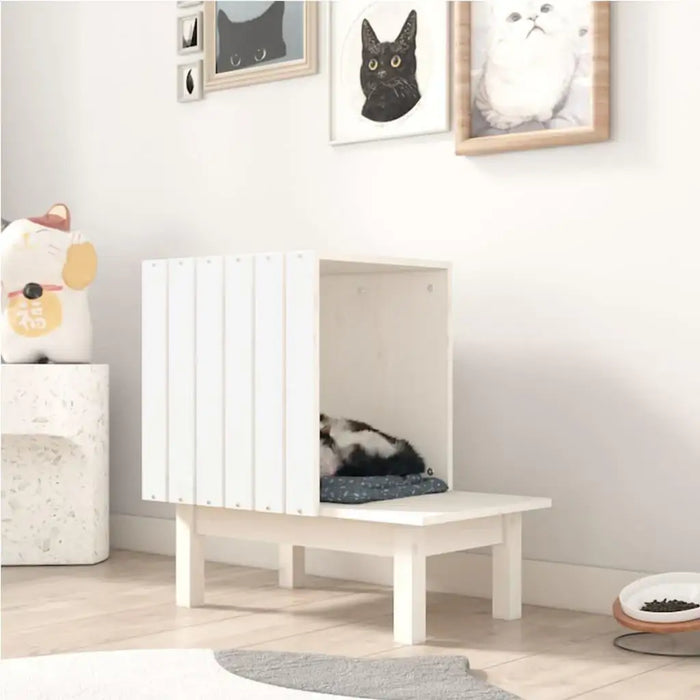 White wooden cat house with a resting cat, modern decor, and framed cat art on the wall