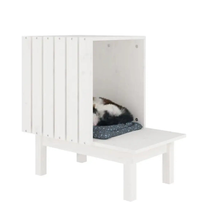 White wooden cat house with a cat resting on a cushion inside, modern pet furniture