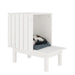 White wooden cat house with a cat resting on a cushion inside, modern pet furniture