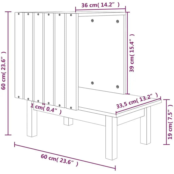 Line drawing of a wooden cat house with labeled dimensions in centimeters and inches.