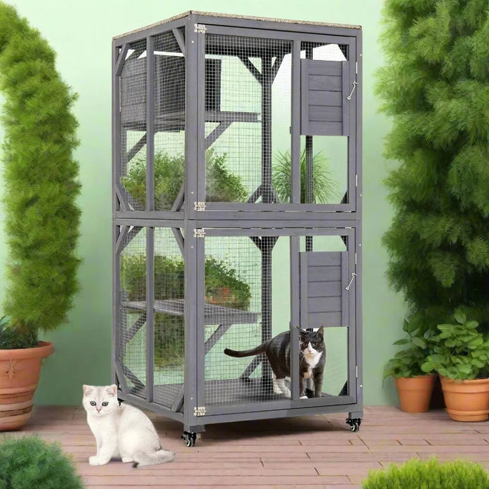 Wooden Cat House with Asphalt Roof and Large Front Door in Grey - Little and Giant Explorers Costway