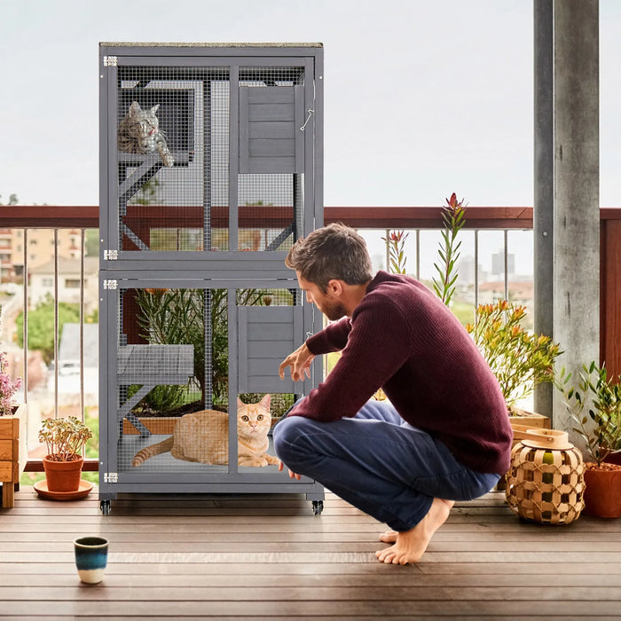 Wooden Cat House with Asphalt Roof and Large Front Door in Grey - Little and Giant Explorers Costway