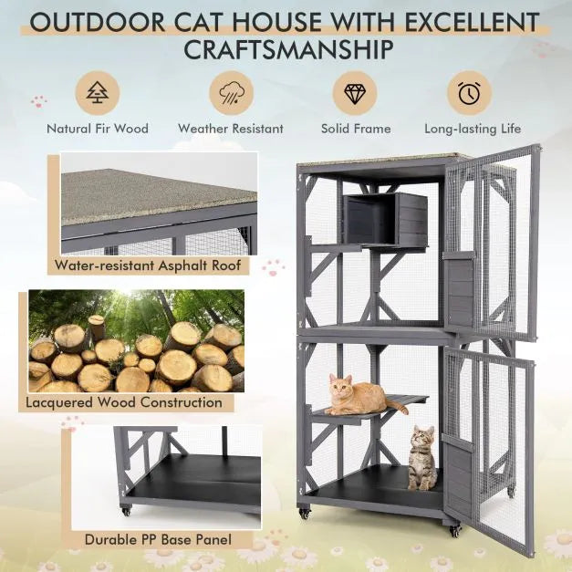 Wooden Cat House with Asphalt Roof and Large Front Door in Grey - Little and Giant Explorers Costway