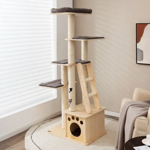 Wooden Cat Tree | Multi-Level Scratching Post - Sisal Ladder, Cat Den and Toy Balls COSTWAY - Little and Giant Explorers Costway
