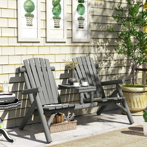 Wooden Chair Bench | 2 Seats with Centre Coffee Table in Grey - Little and Giant Explorers Outsunny