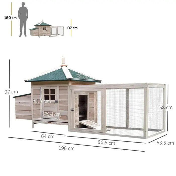 Wooden Chicken Coop with Nesting Box in Natural (196 x 76 x 97cm) - Little and Giant Explorers PawHut