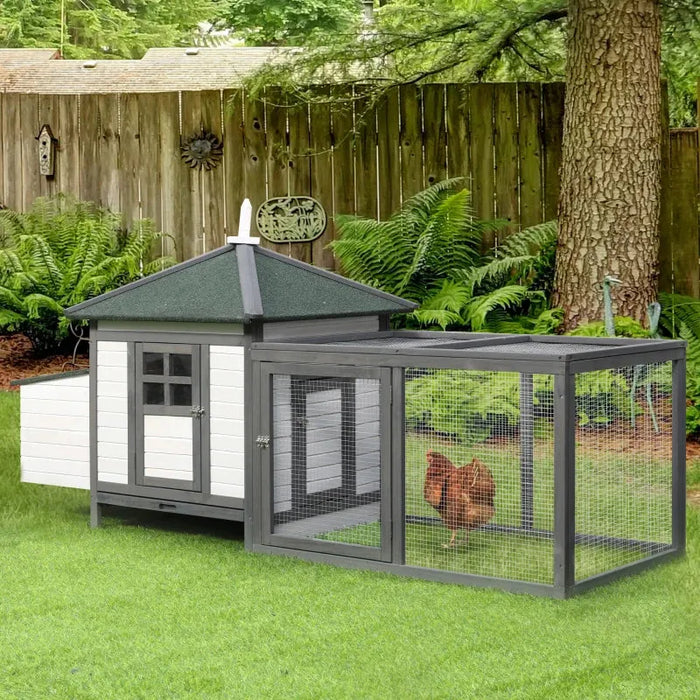 Wooden Chicken Coop with Nesting Box in Grey (196 x 76 x 97cm) - Little and Giant Explorers PawHut