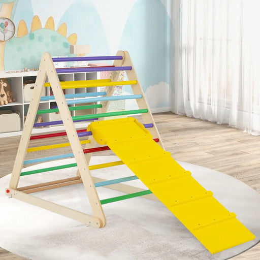 Wooden Climbing Triangle Ladder with Ramp – Natural and Multicolour | Foldable COSTWAY - Little and Giant Explorers Costway