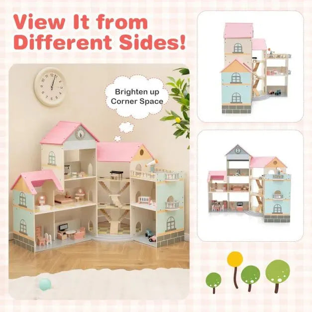 Wooden Corner Dollhouse with 3 Levels - Little and Giant Explorers Costway