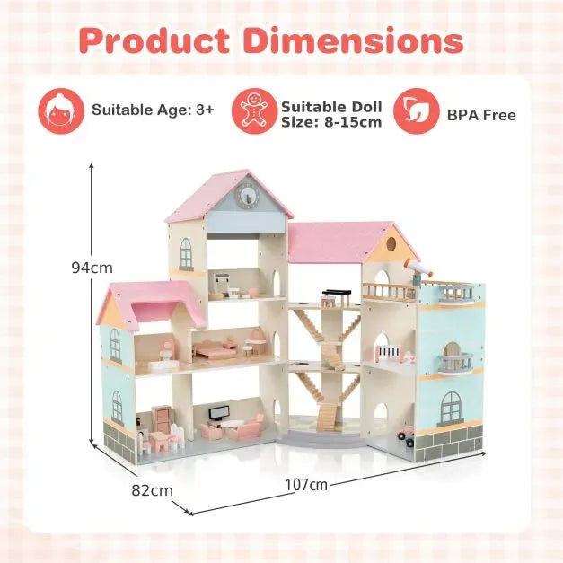 Wooden Corner Dollhouse with 3 Levels - Little and Giant Explorers Costway