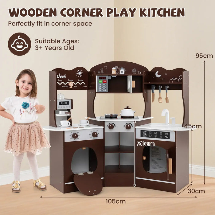 Wooden Corner Play Kitchen – Brown | Lights, Sounds, Coffee Machine and Storage COSTWAY - Little and Giant Explorers Costway