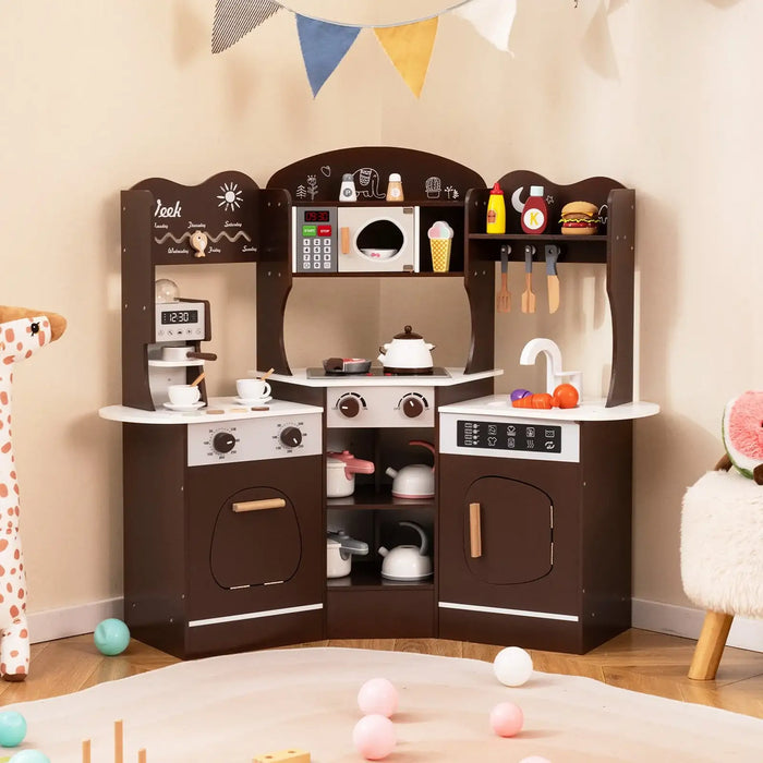 Wooden Corner Play Kitchen – Brown | Lights, Sounds, Coffee Machine and Storage COSTWAY - Little and Giant Explorers Costway